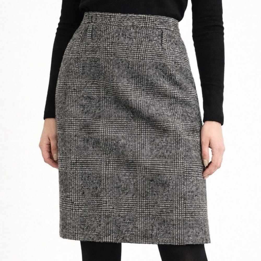 Escada Glen Plaid Wool Pencil Skirt Vintage Black Off White German Size 34/US 4